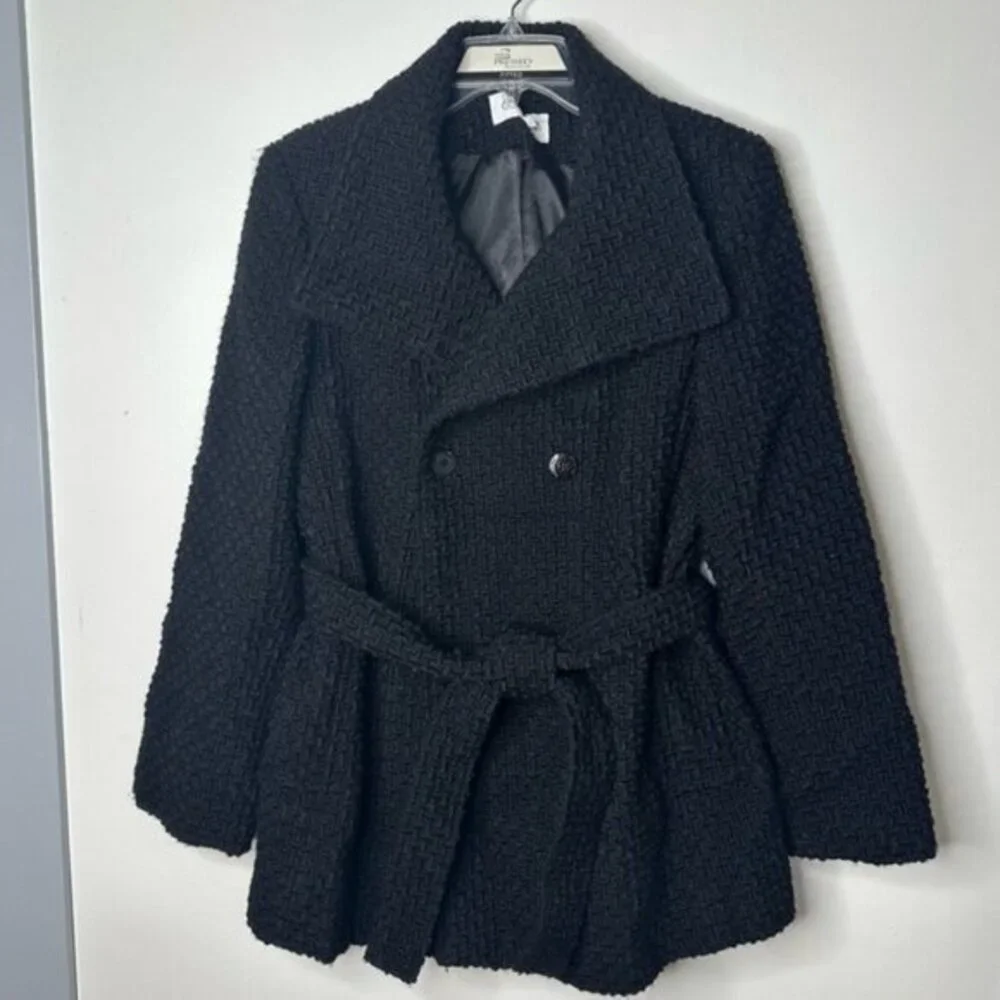 Calvin Klein Wool Knit Pea Coat Belt Warm Pockets Collar size 12p - Picture 1 of 12